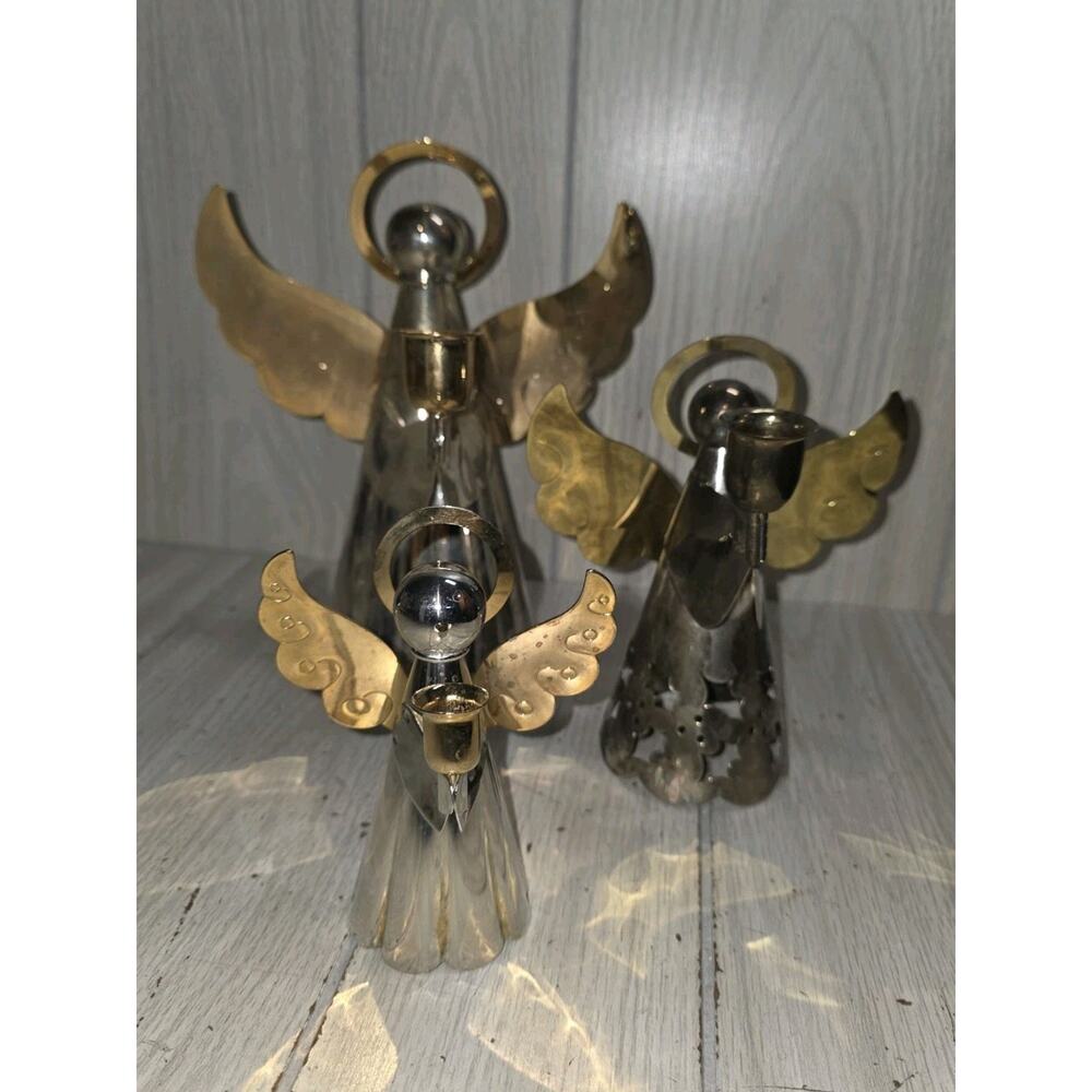 Vintage Angel Candlestick Holders Brass Silver Plated Christmas Decor Set of 3